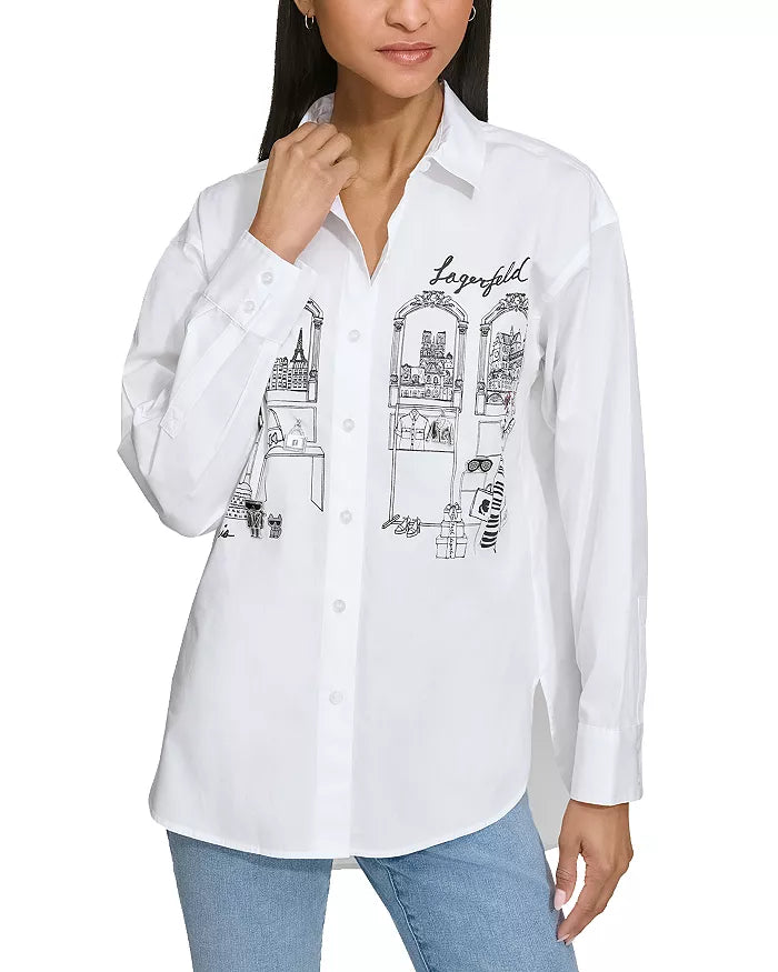 KARL LAGERFELD Women's Shopping Girl Scene with Charms Oversize Poplin