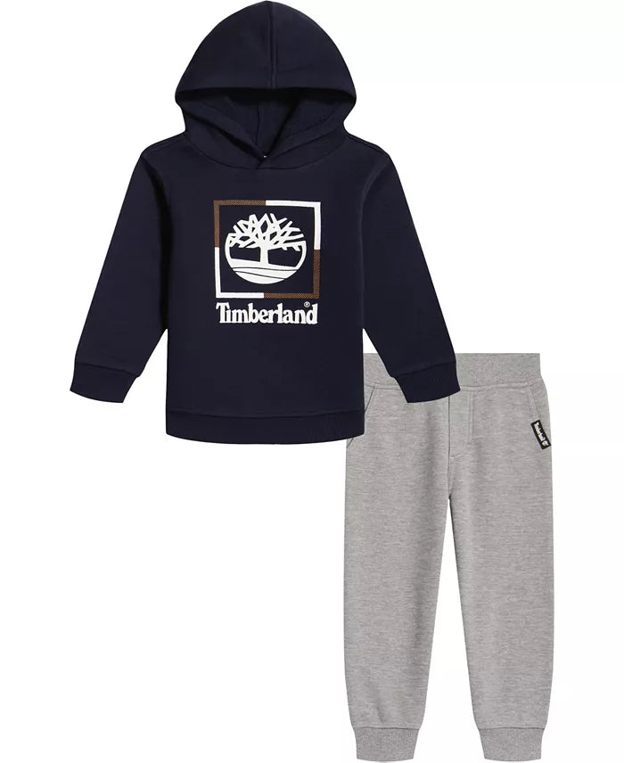 Timberland Little Boys 2 Piece Flocked Logo Fleece Hoodie and Heather Joggers Set