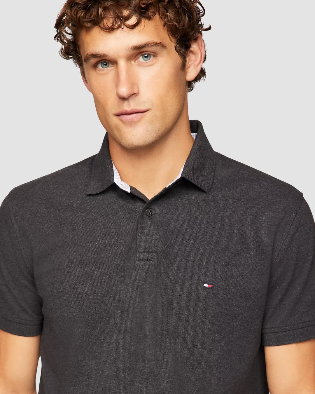 TOMMY HILFIGER Original Men Solid Cotton Polo Shirt 2 buttons (Dark Grey)