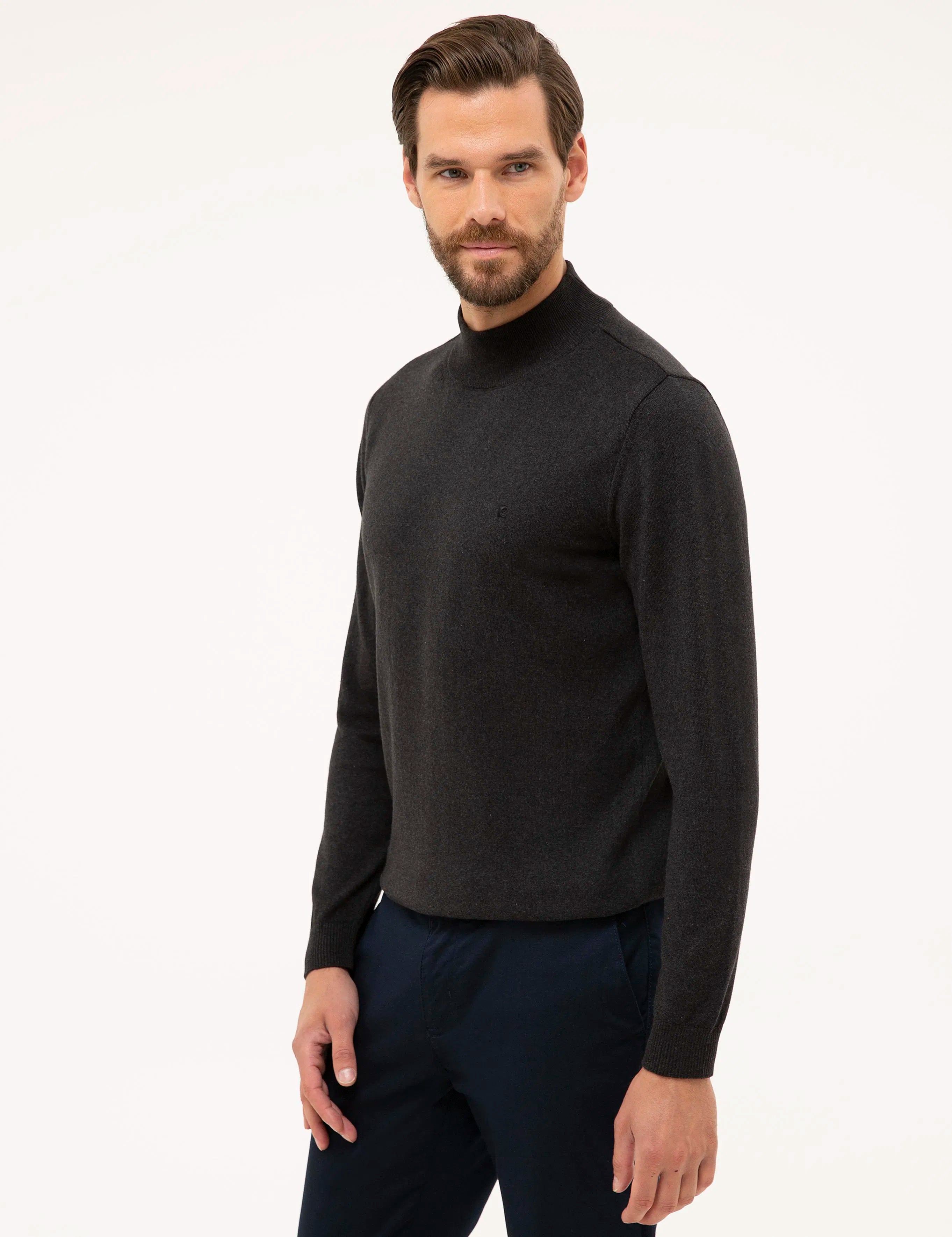PIERRE CARDIN Anthracite Melange Slim Fit Half Turtleneck Basic Knitwear Sweater