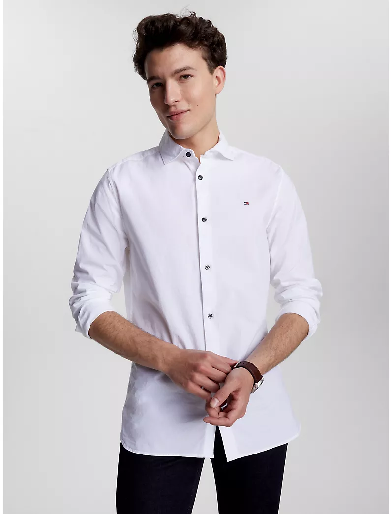 TOMMY HILFIGER Men's Slim Fit Plain Stretch Cotton Poplin Long Sleeve Shirt