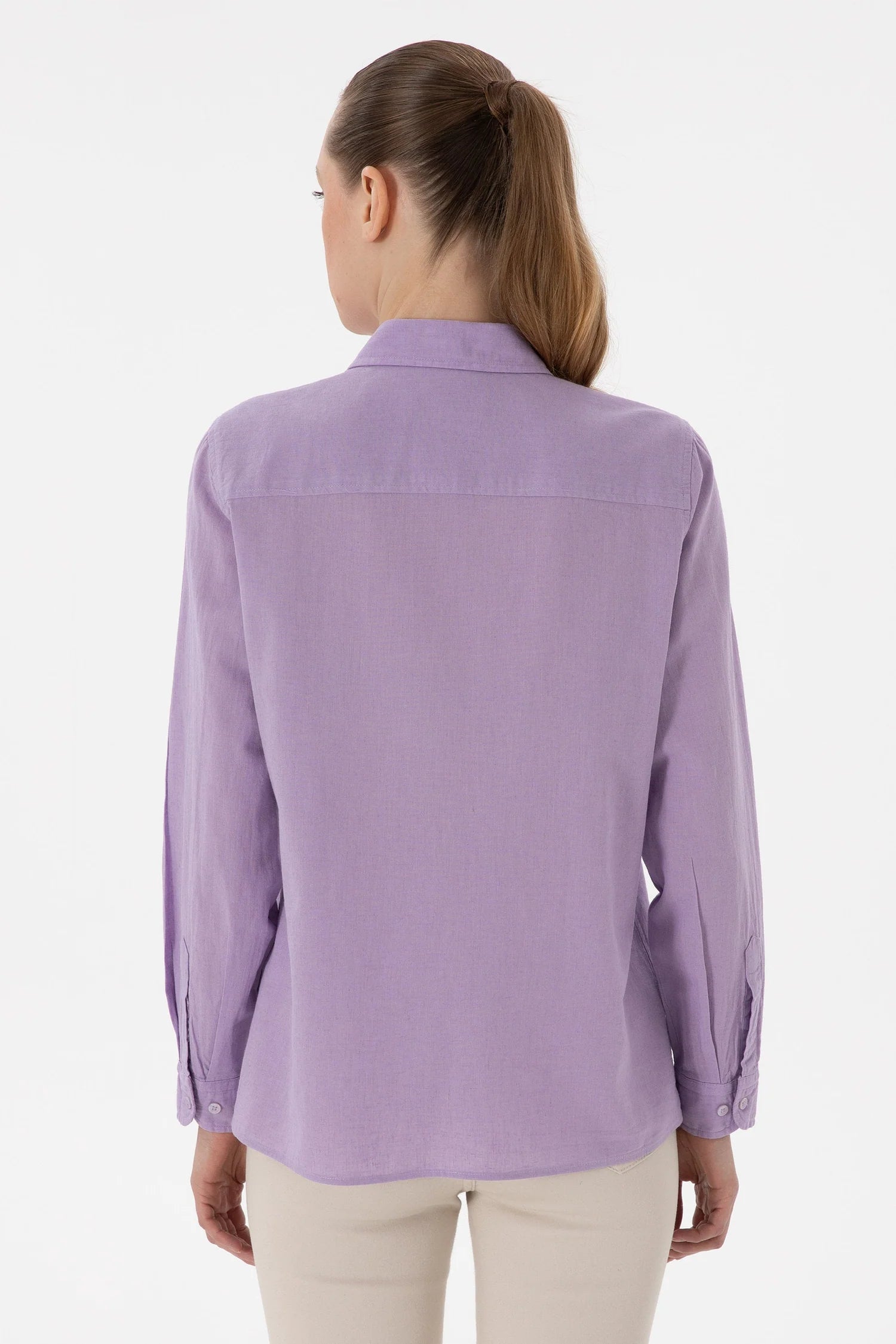 US. POLO ASSN Women's Lilac Linen Blend Long Sleeve Basic Shirt