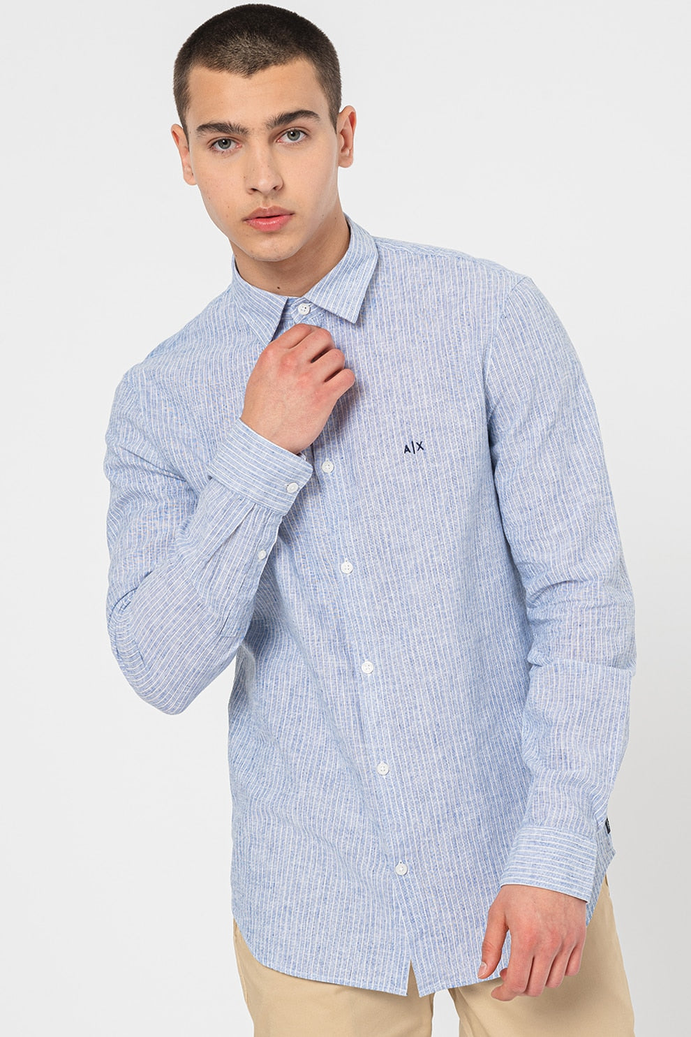 ARMANI EXCHANGE Logo Essential Blue Regular Fit Linen Shirt