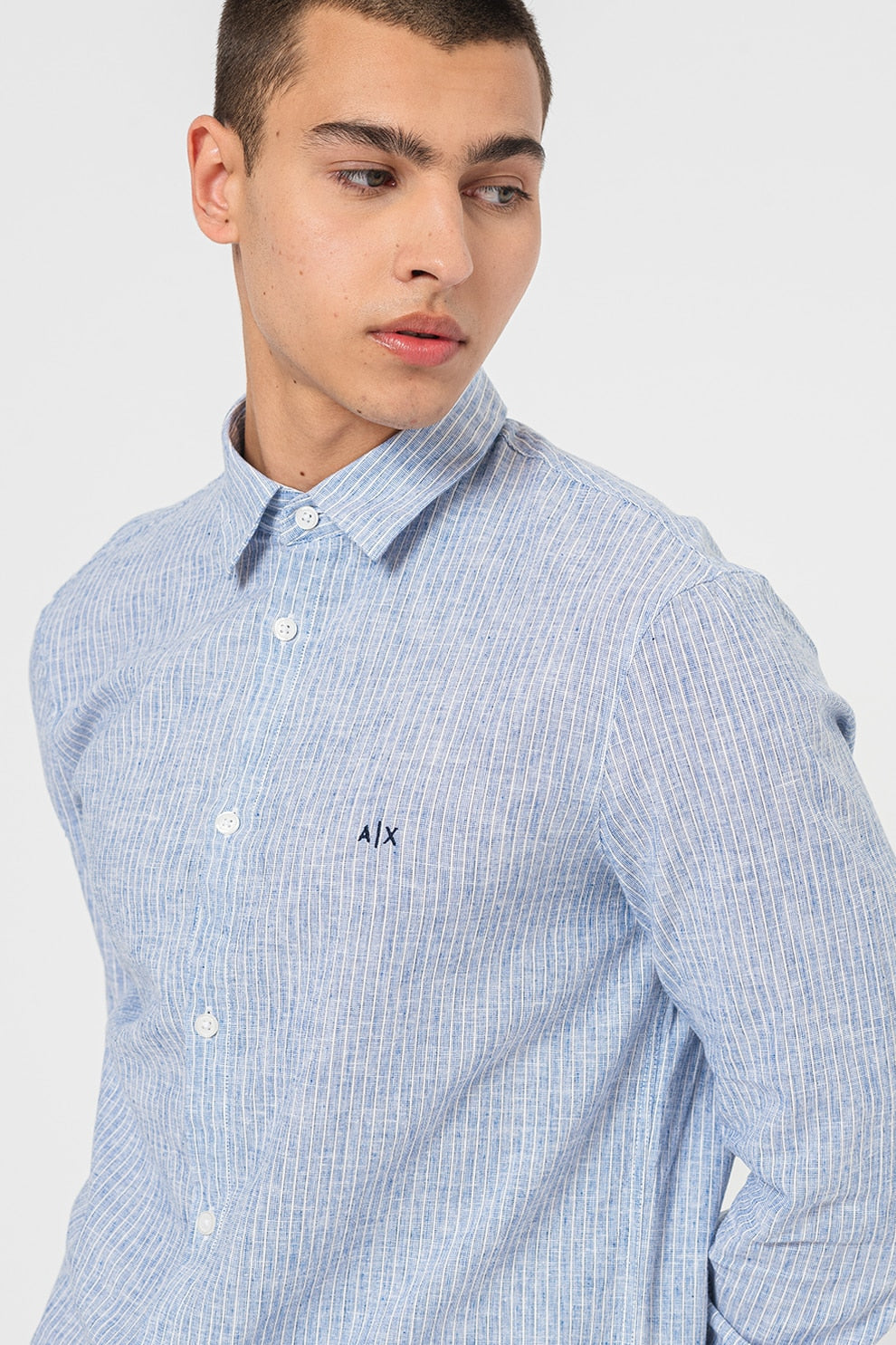 ARMANI EXCHANGE Logo Essential Blue Regular Fit Linen Shirt
