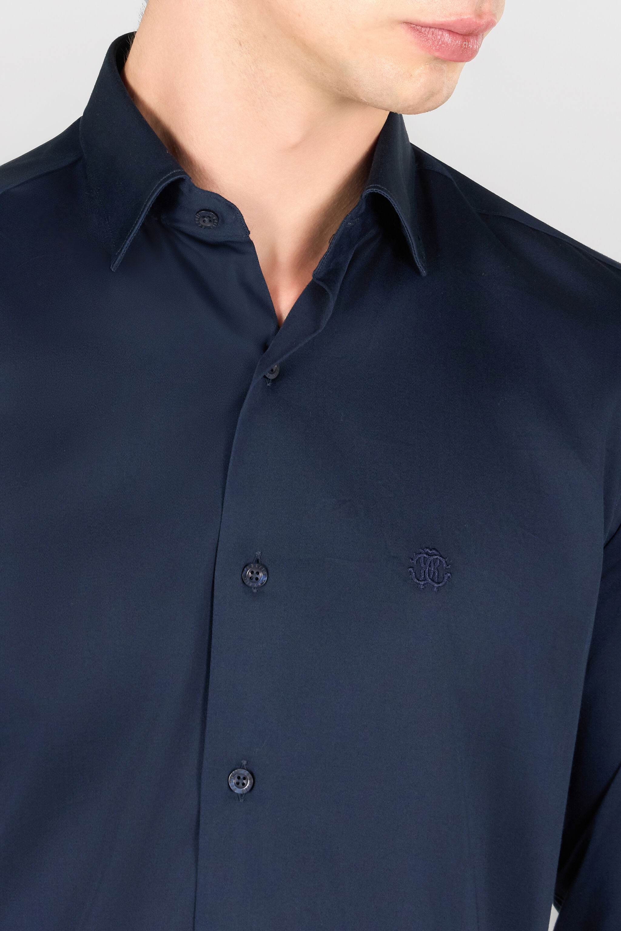 ROBERTO CAVALLI Slim Fit Black Embroidered Logo Dress Shirt