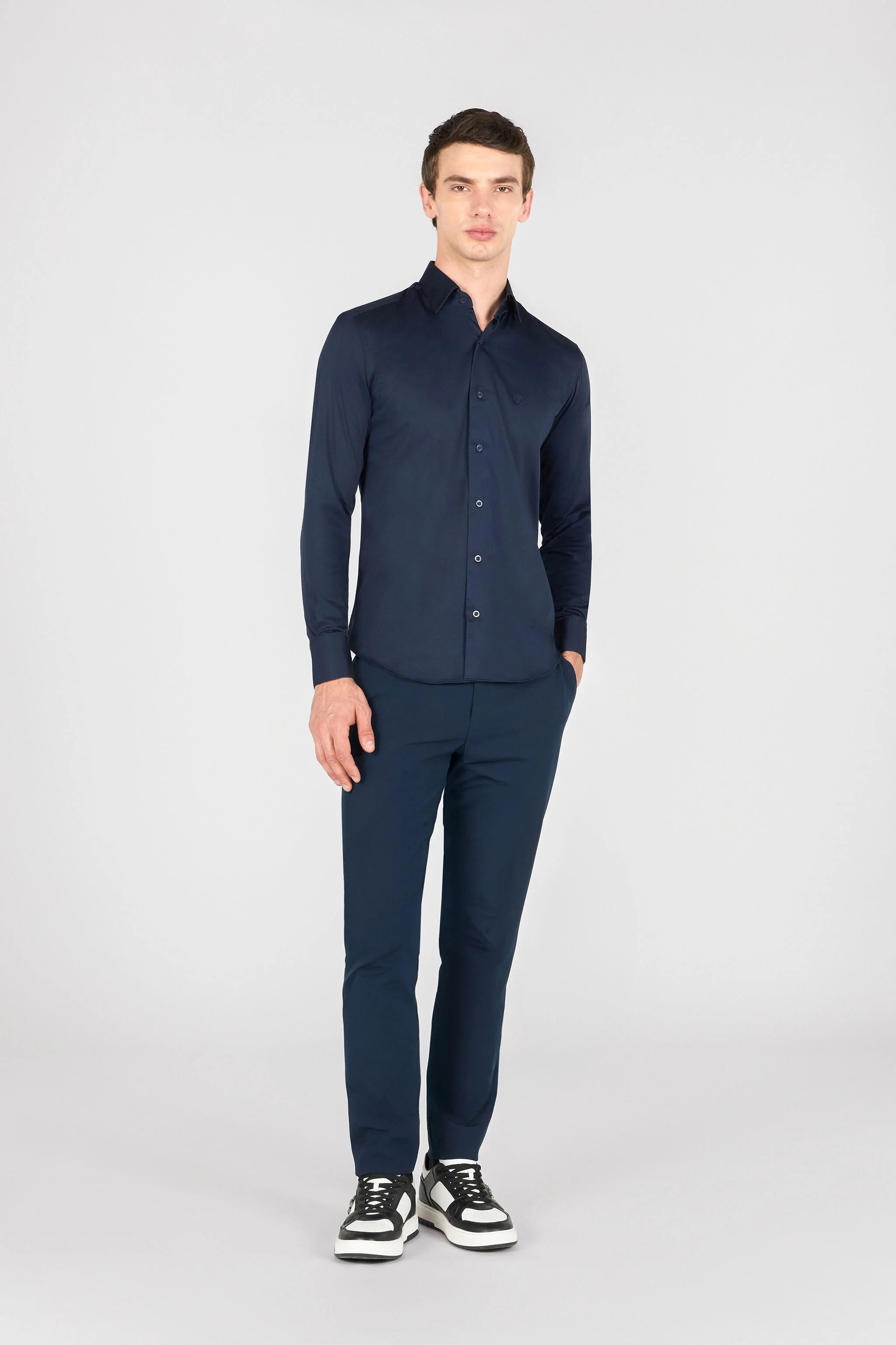ROBERTO CAVALLI Slim Fit Black Embroidered Logo Dress Shirt