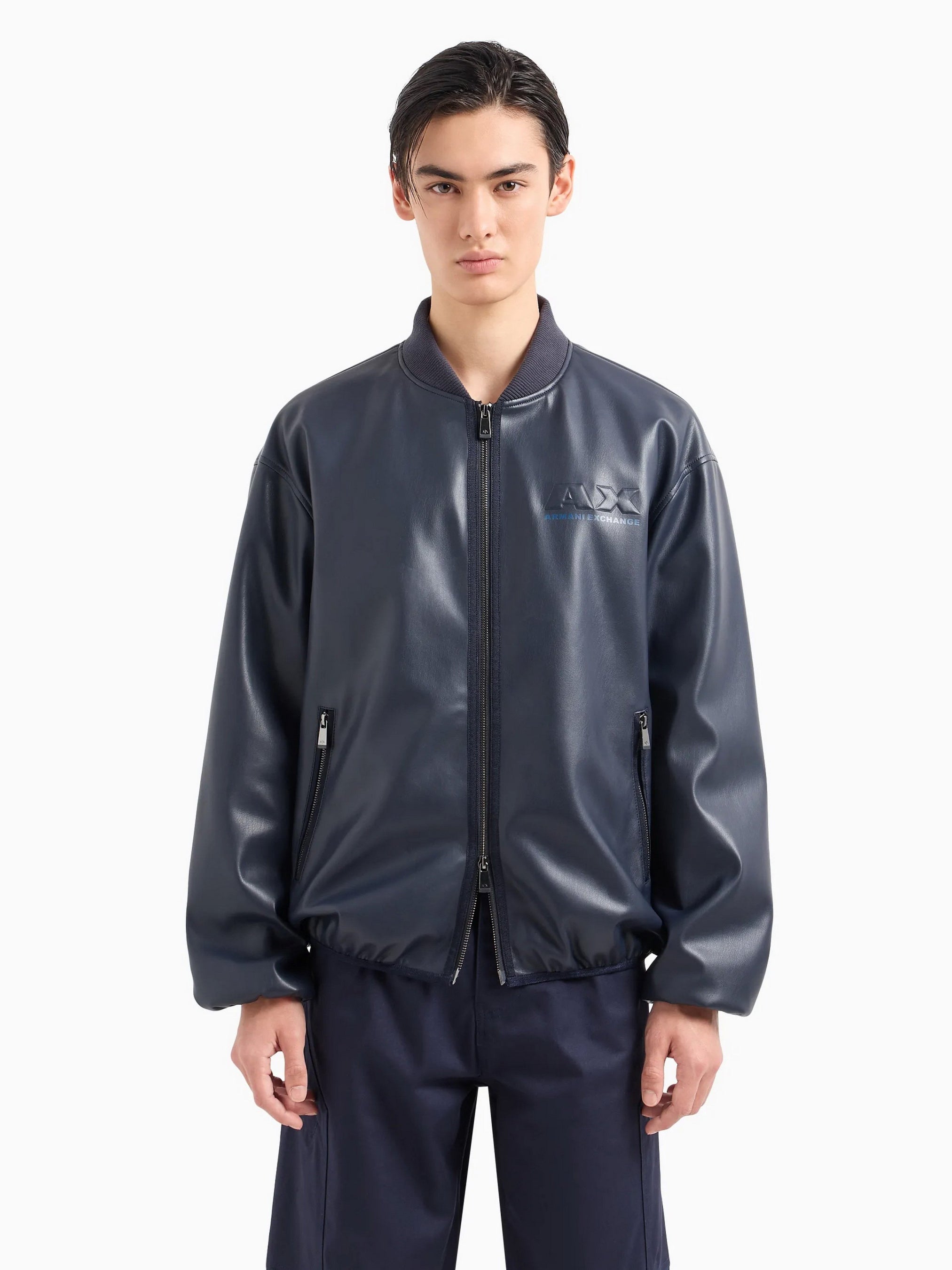 ARMANI EXCHANGE Men's Faux Leather Embossed Logo Bomber Jacket