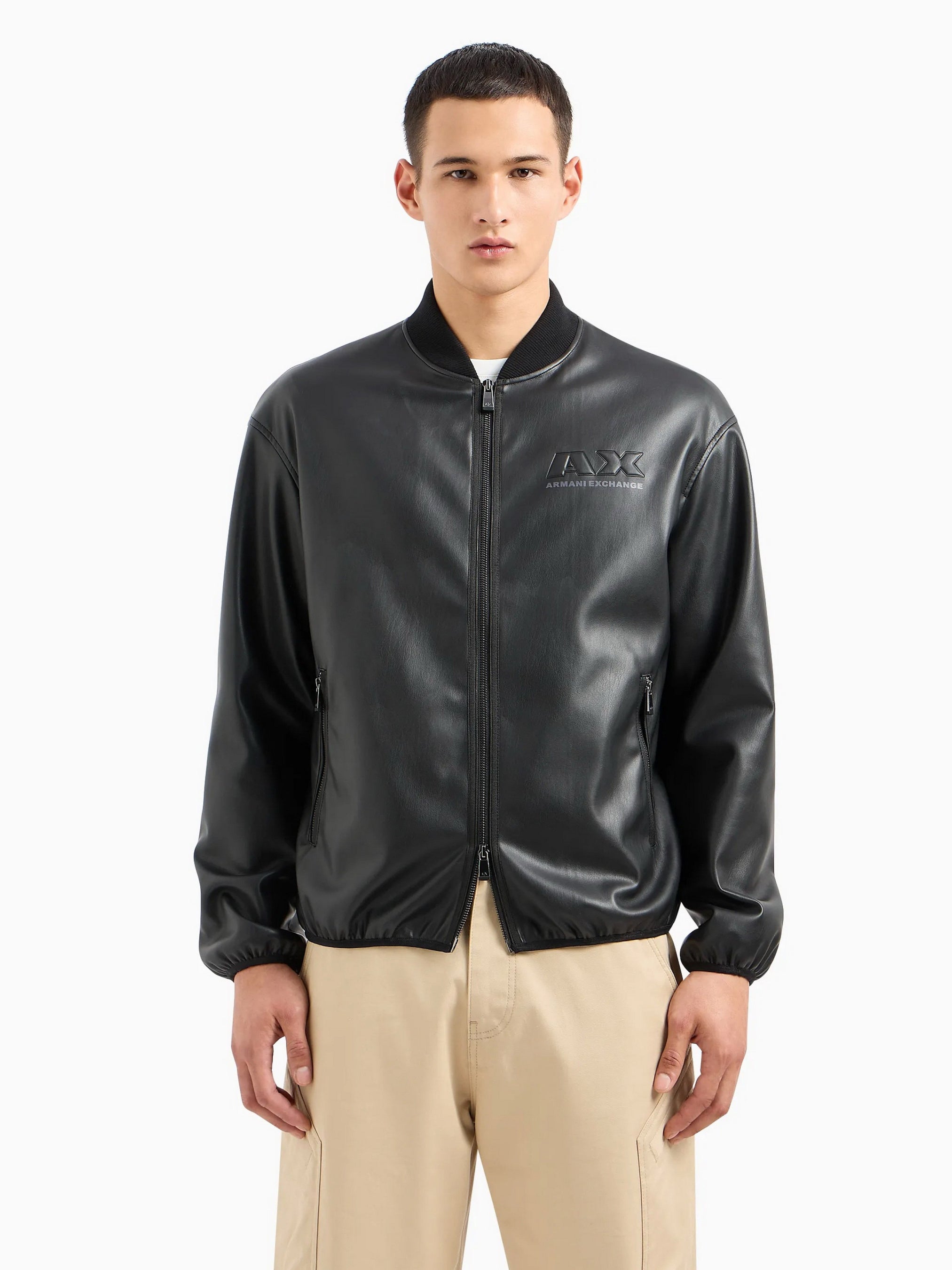ARMANI EXCHANGE Men's Faux Leather Embossed Logo Bomber Jacket
