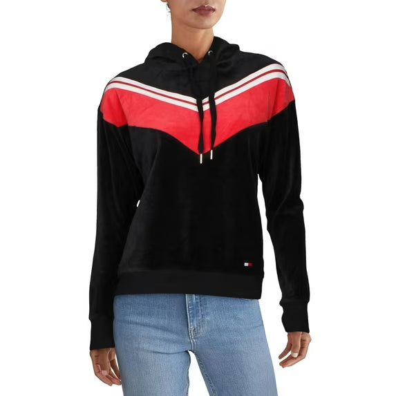 TOMMY HILFIGER Sport Womens Velour Comfy Hoodie Black
