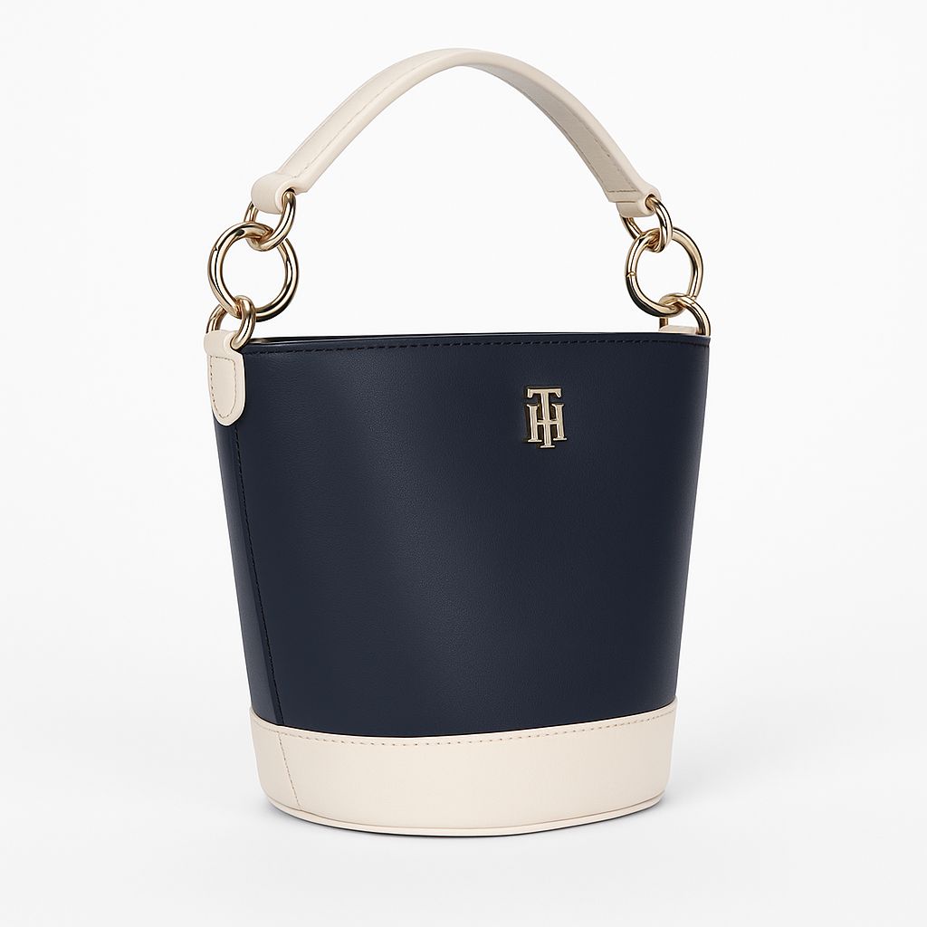 Elevate your everyday style with the Tommy Hilfiger Navy & White Bucket Bag