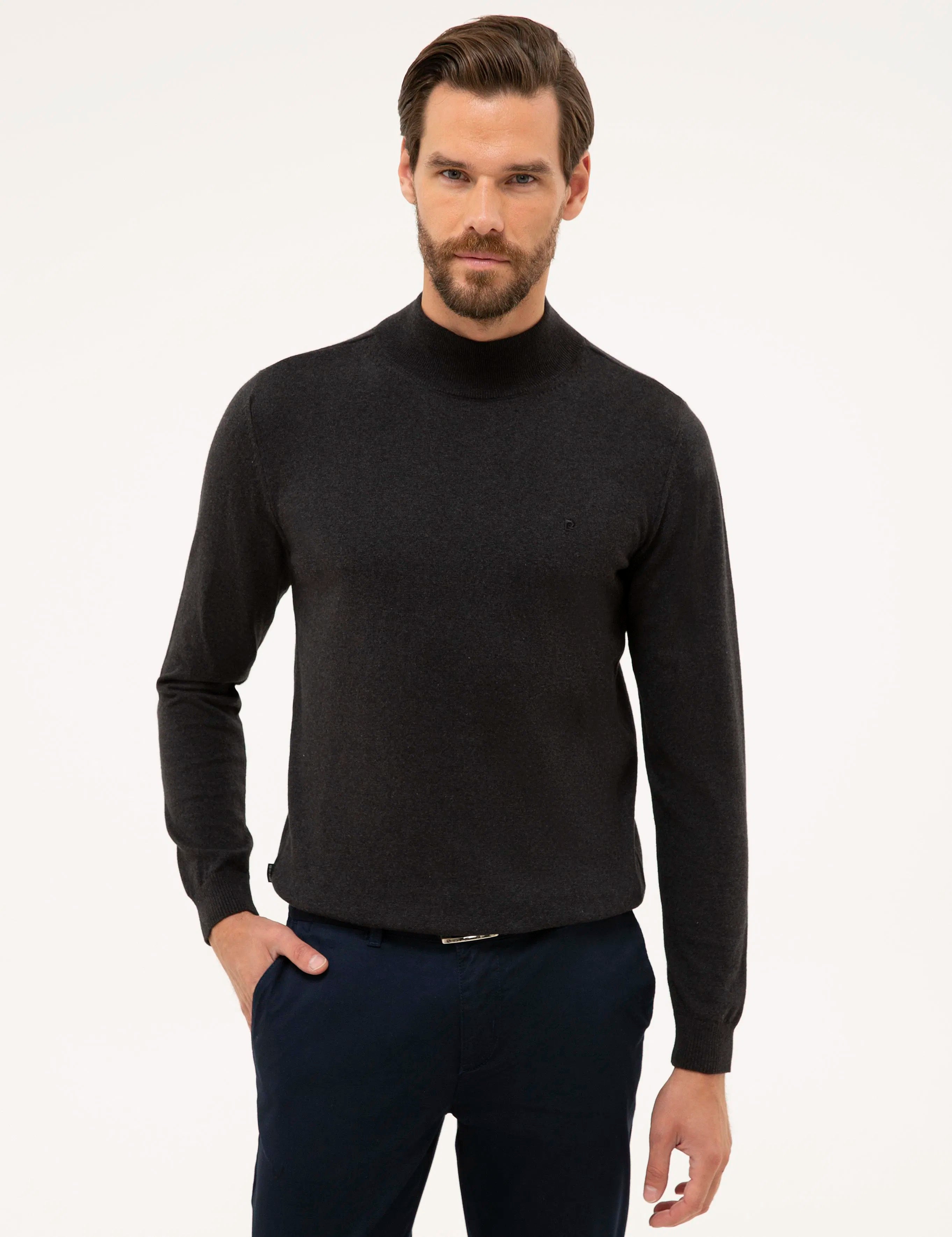 PIERRE CARDIN Anthracite Melange Slim Fit Half Turtleneck Basic Knitwear Sweater