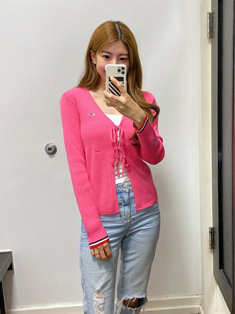 TOMMY JEANS Gold V-Neck Double Spaghetti Tie Flag Logo Women's Knit Cardigan