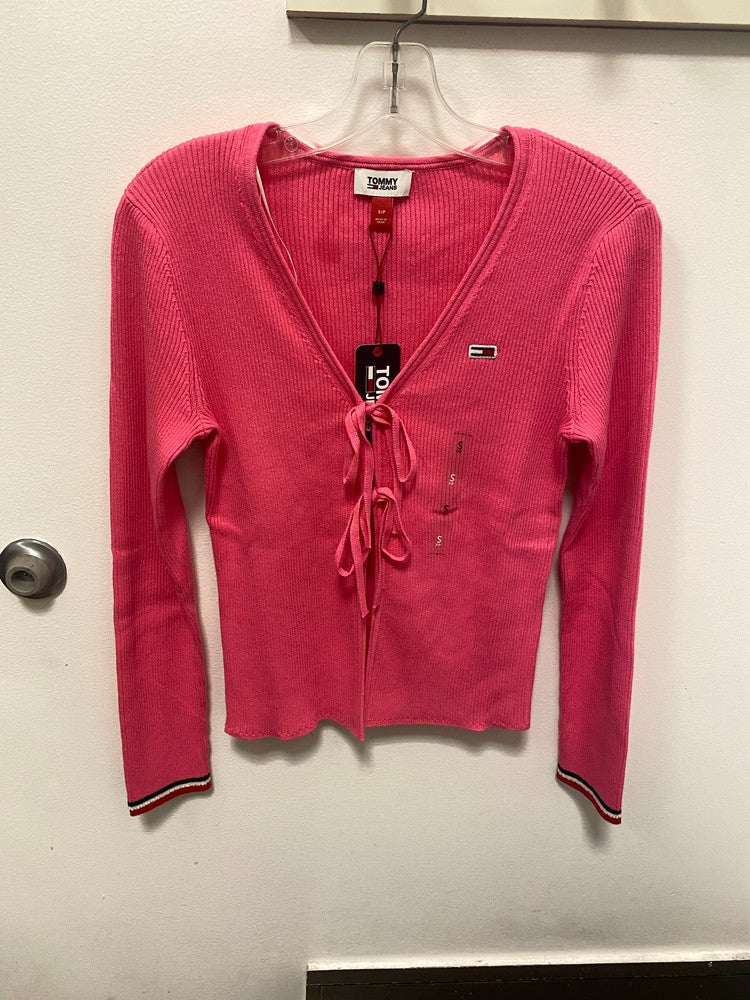 TOMMY JEANS Gold V-Neck Double Spaghetti Tie Flag Logo Women's Knit Cardigan