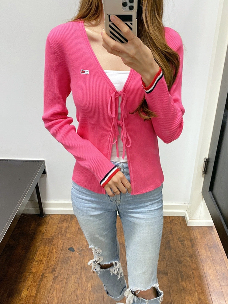 TOMMY JEANS Gold V-Neck Double Spaghetti Tie Flag Logo Women's Knit Cardigan