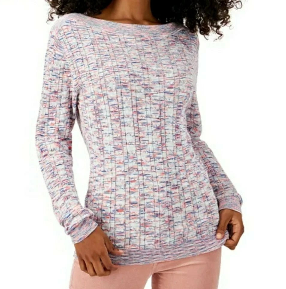 TOMMY HILFIGER Spacedye Cotton Sweater Women's  Ribbed Knit Fitted Boat Neck