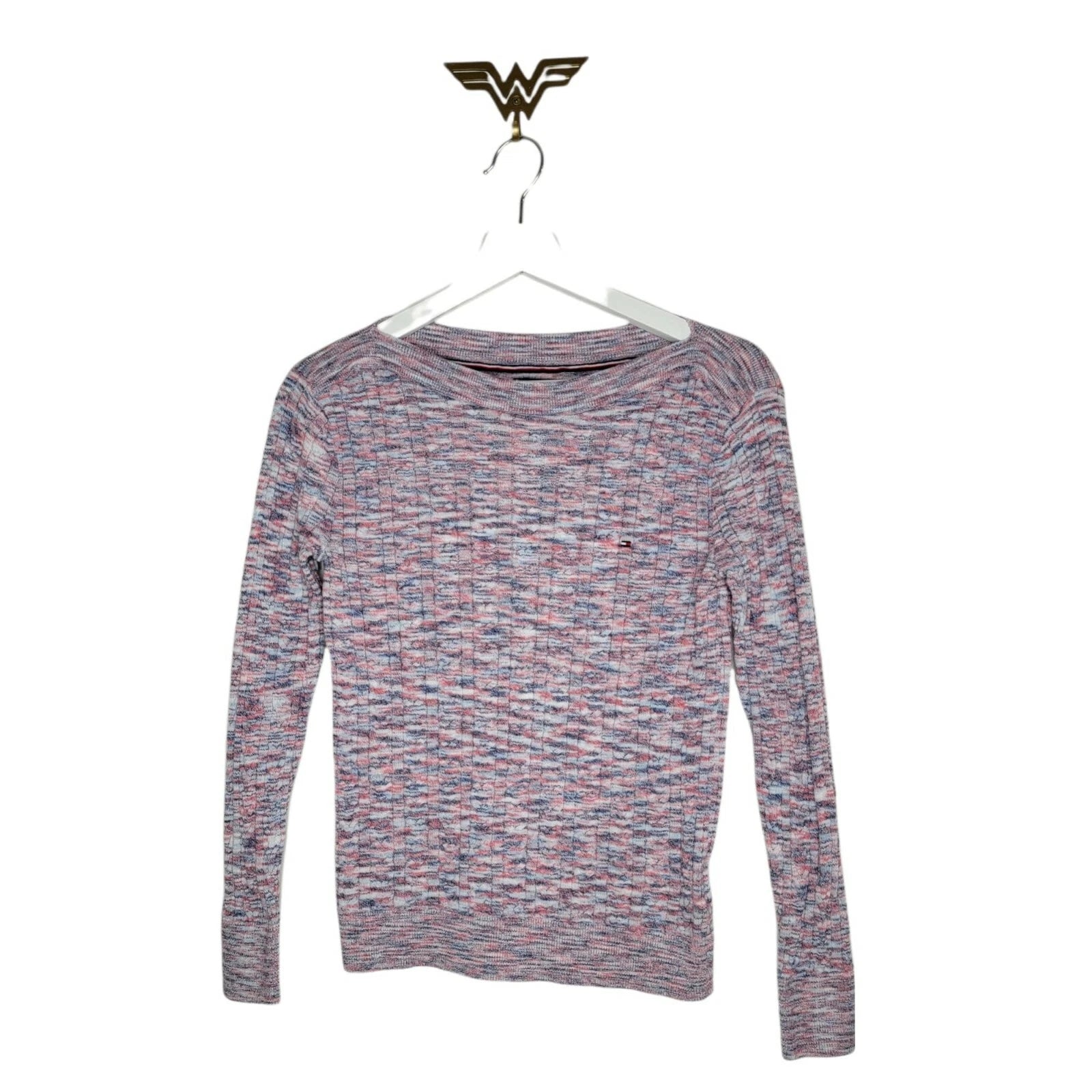TOMMY HILFIGER Spacedye Cotton Sweater Women's  Ribbed Knit Fitted Boat Neck