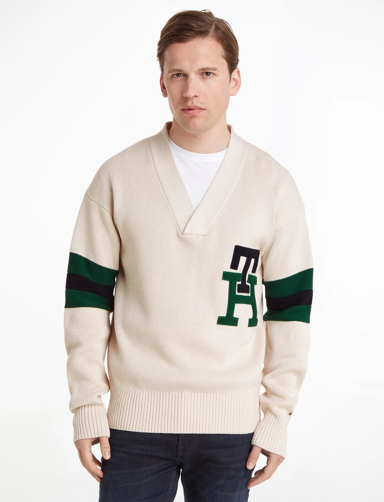 TOMMY HILFIGER Men's Varsity V-Neck Sweater with Color-Block and Monogram