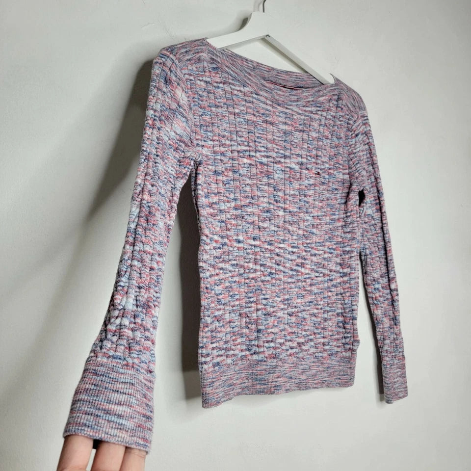 TOMMY HILFIGER Spacedye Cotton Sweater Women's  Ribbed Knit Fitted Boat Neck