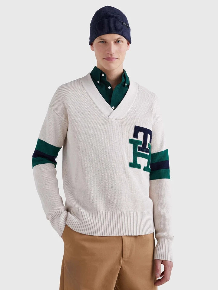 TOMMY HILFIGER Men's Varsity V-Neck Sweater with Color-Block and Monogram