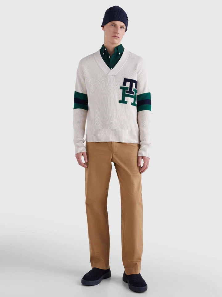 TOMMY HILFIGER Men's Varsity V-Neck Sweater with Color-Block and Monogram