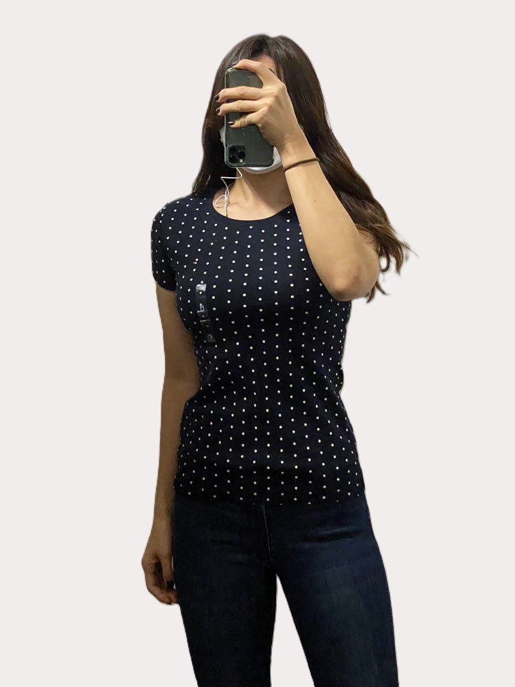 TOMMY HILFIGER Women White and navy Crew Neck Allover Polka Dot Print T-Shirt