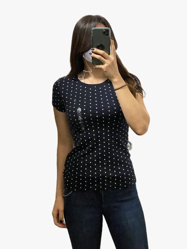 TOMMY HILFIGER Women White and navy Crew Neck Allover Polka Dot Print T-Shirt