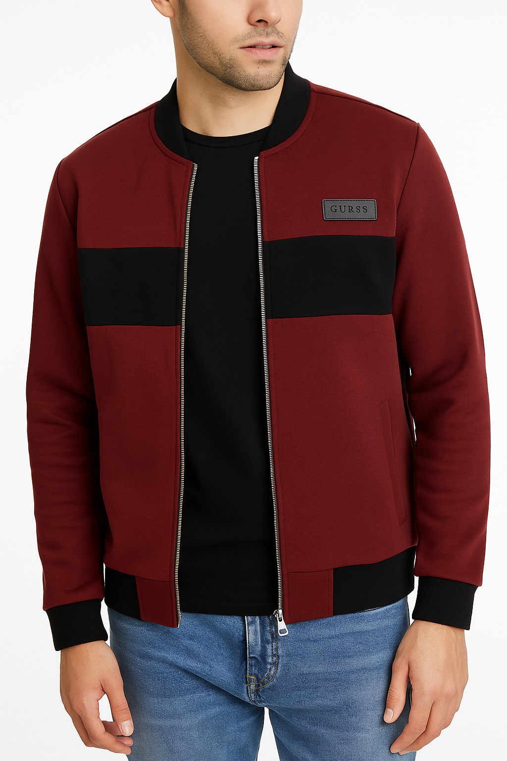 GUESS Men's Burgundy and Black Colorblock Bomber Jacket