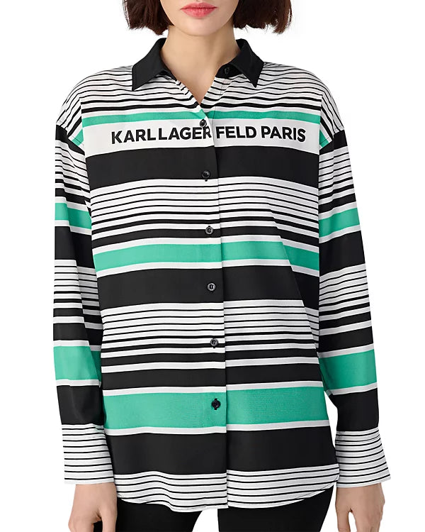 KARL LAGERFELD PARIS Striped Logo High Low Longline Shirt