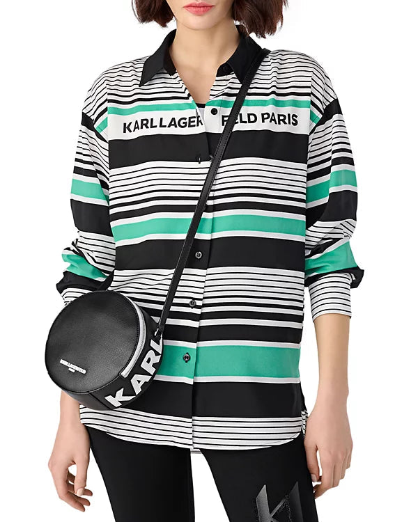 KARL LAGERFELD PARIS Striped Logo High Low Longline Shirt - HIPPO US Brands Karl Lagerfeld Paris