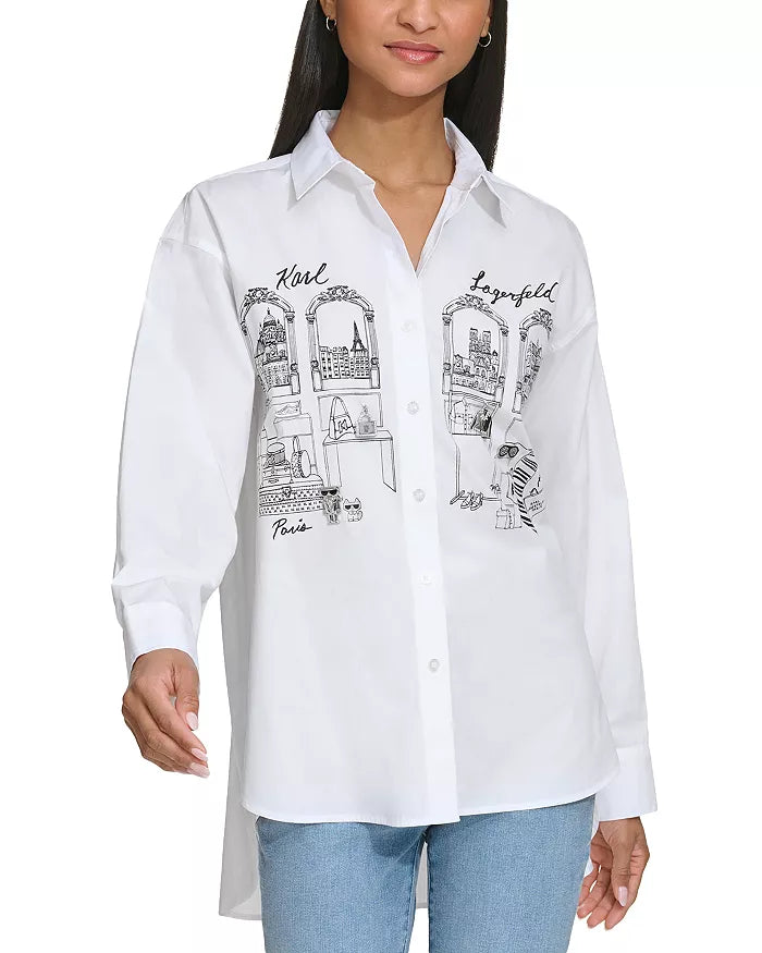 KARL LAGERFELD Women's Shopping Girl Scene with Charms Oversize Poplin