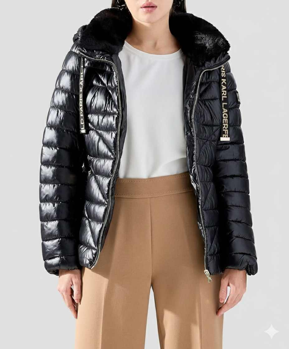 Karl Lagerfeld Paris Short Puffer Jacket With Gold Logo - HIPPO US Brands Karl Lagerfeld Paris