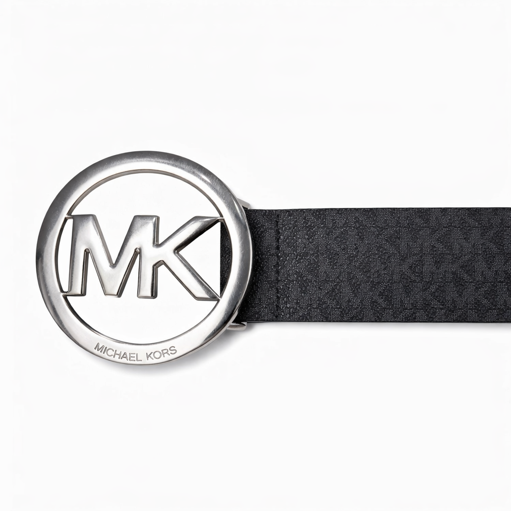 Michael Kors Signature Monogram MK Logo Round Buckle Women's Belt Black