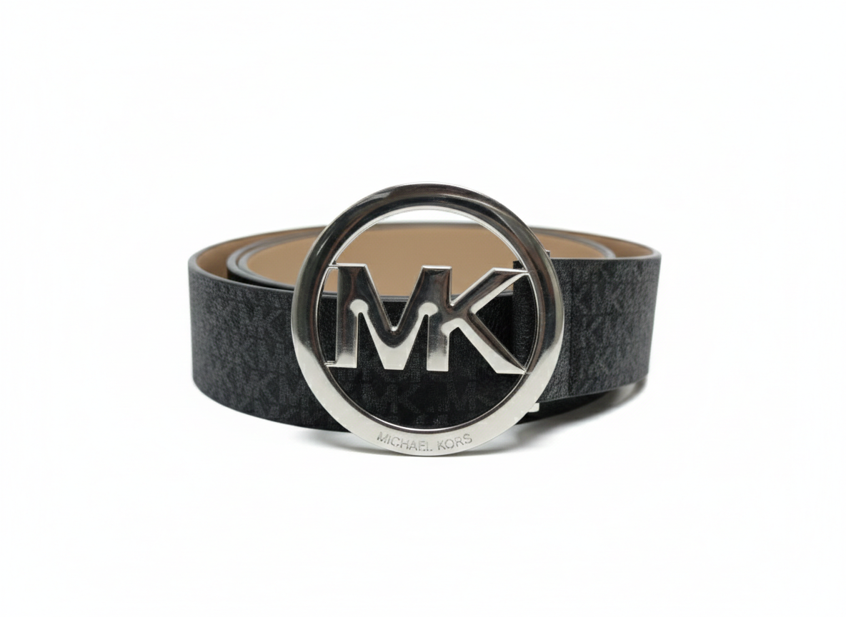 Michael Kors Signature Monogram MK Logo Round Buckle Women's Belt Black