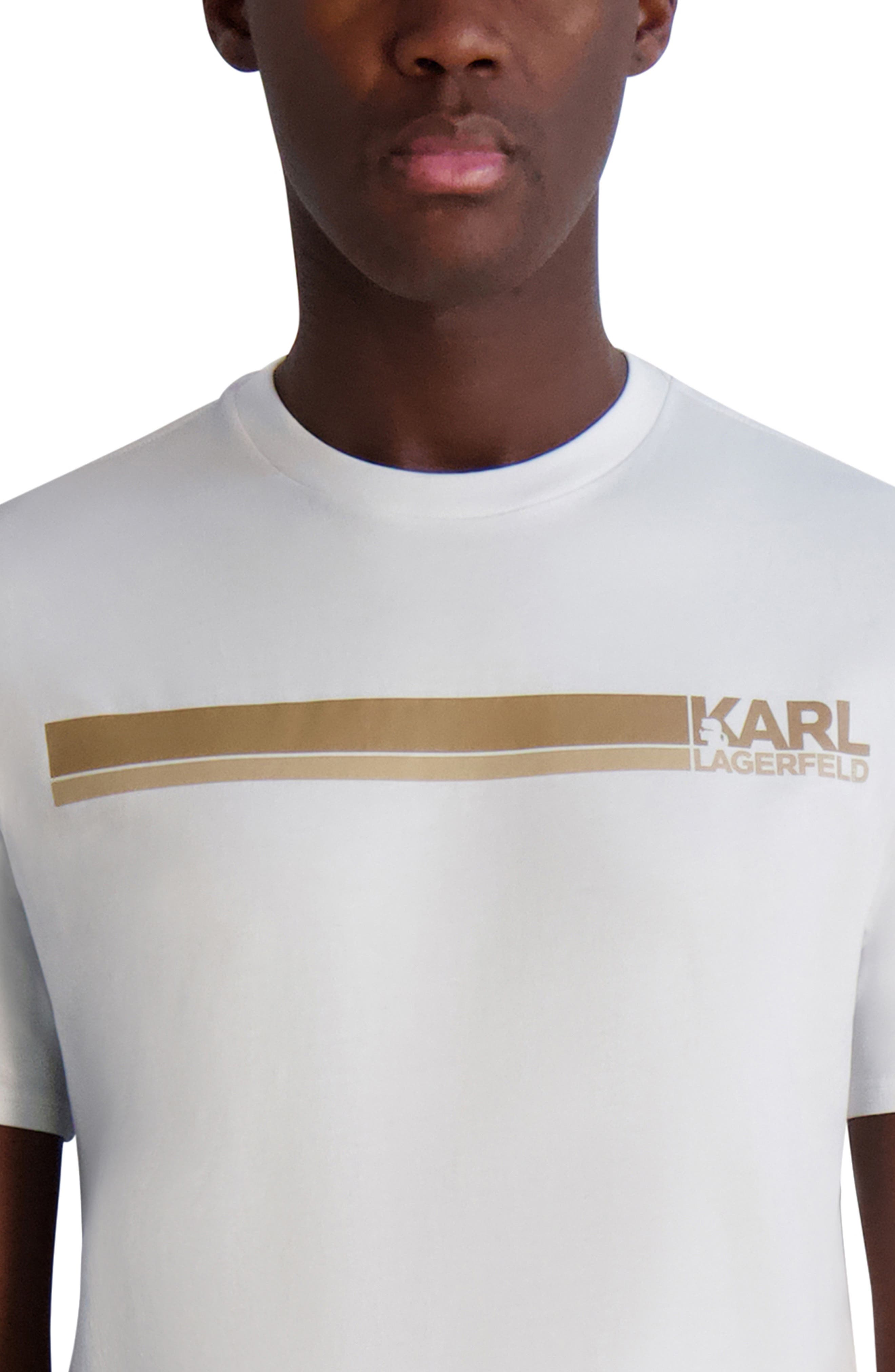 Karl Lagerfeld Men's White Race Stripe Slim Fit Logo Tee
