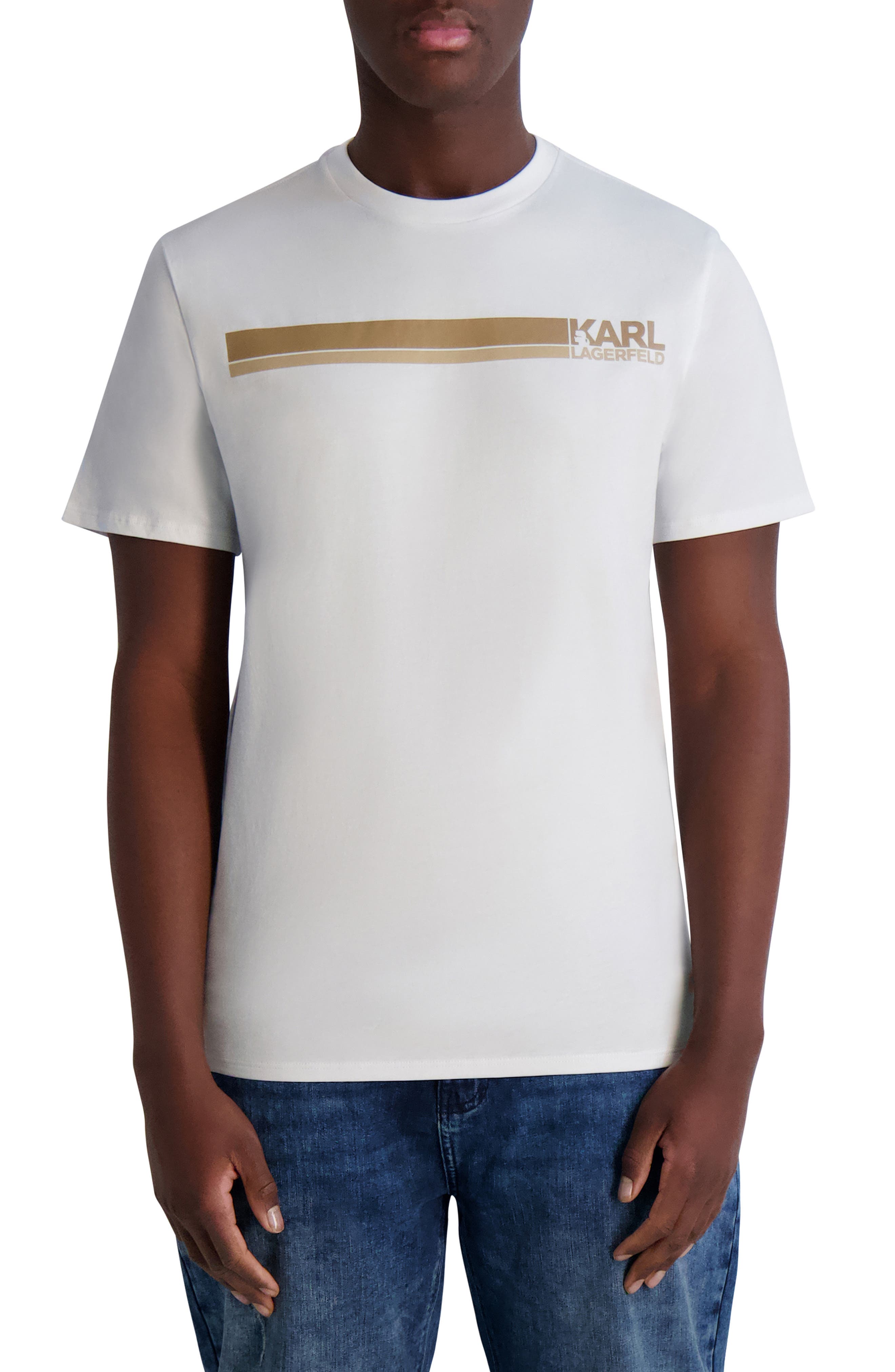 Karl Lagerfeld Men's White Race Stripe Slim Fit Logo Tee