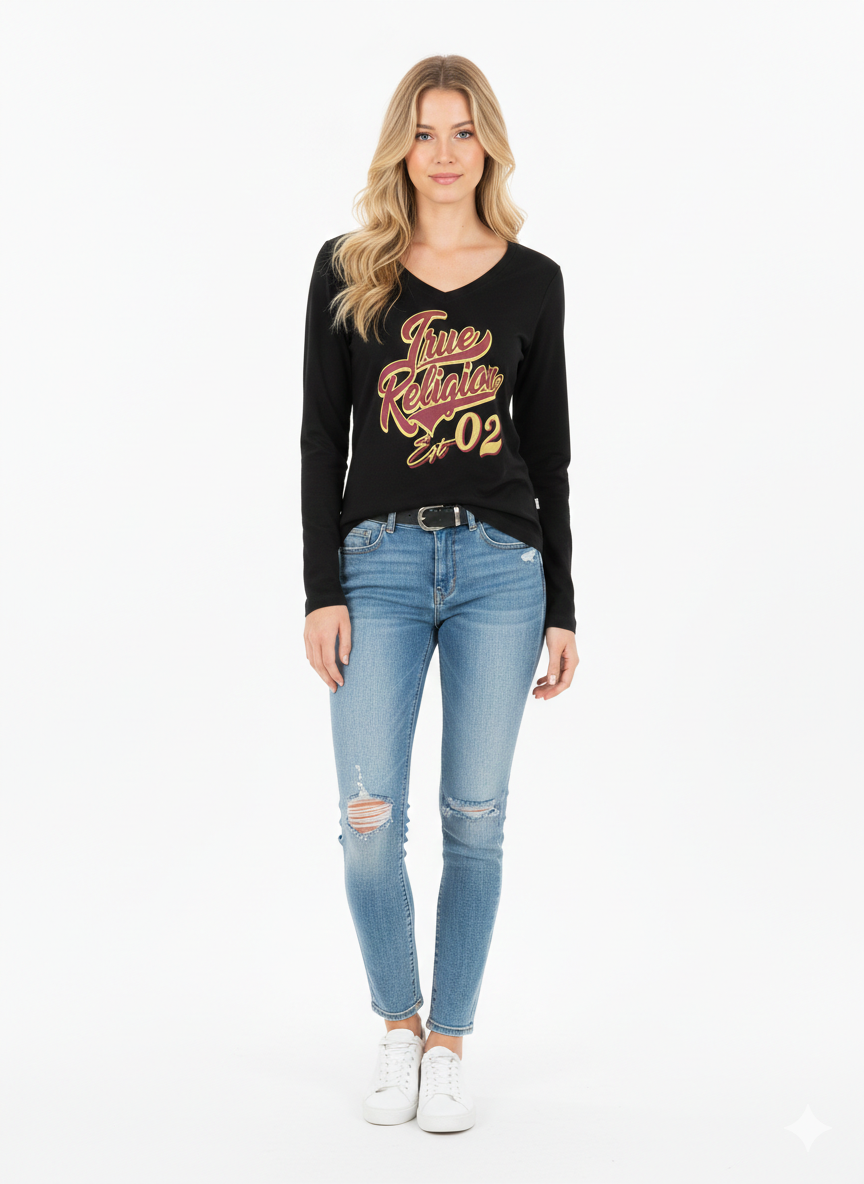 True Religion Flocking True Long Sleeve V Neck Tee - HIPPO US Brands TRUE RELIGION