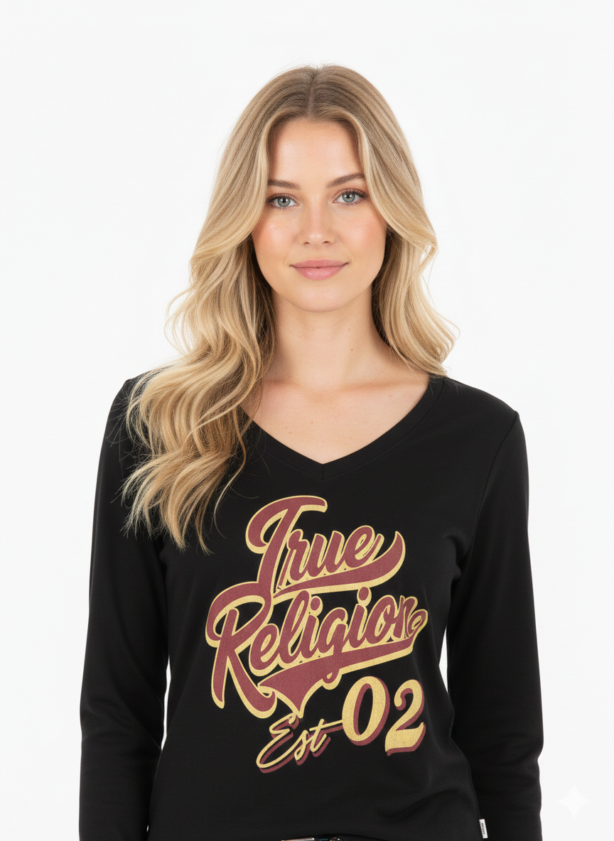 True Religion Flocking True Long Sleeve V Neck Tee - HIPPO US Brands TRUE RELIGION