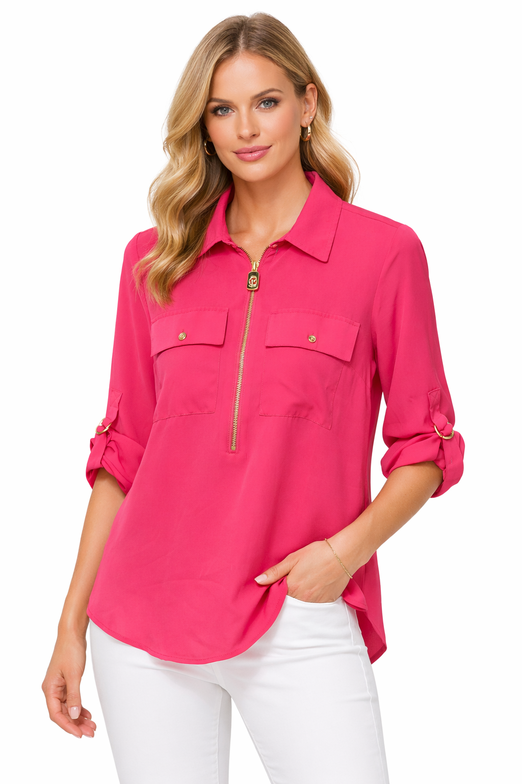 Michael Kors Front-Zip Utility Blouse