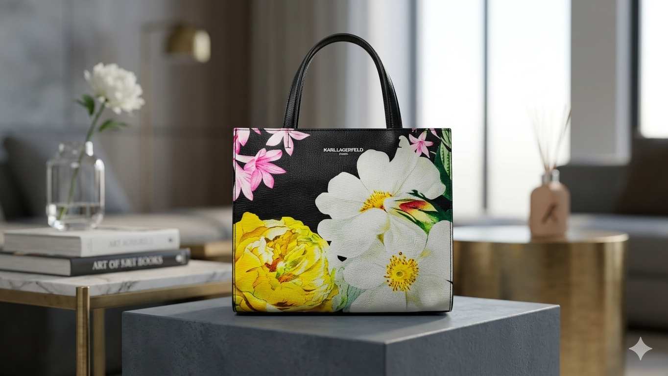 Karl Lagerfeld Black Multicolor Floral Sunflower Satchel Bag