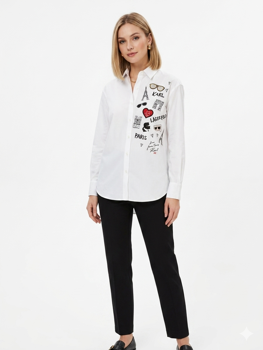 Karl Lagerfeld Paris Women's Long Sleeve Iconic Motif Blouse – Paris Print - HIPPO US Brands Karl Lagerfeld Paris