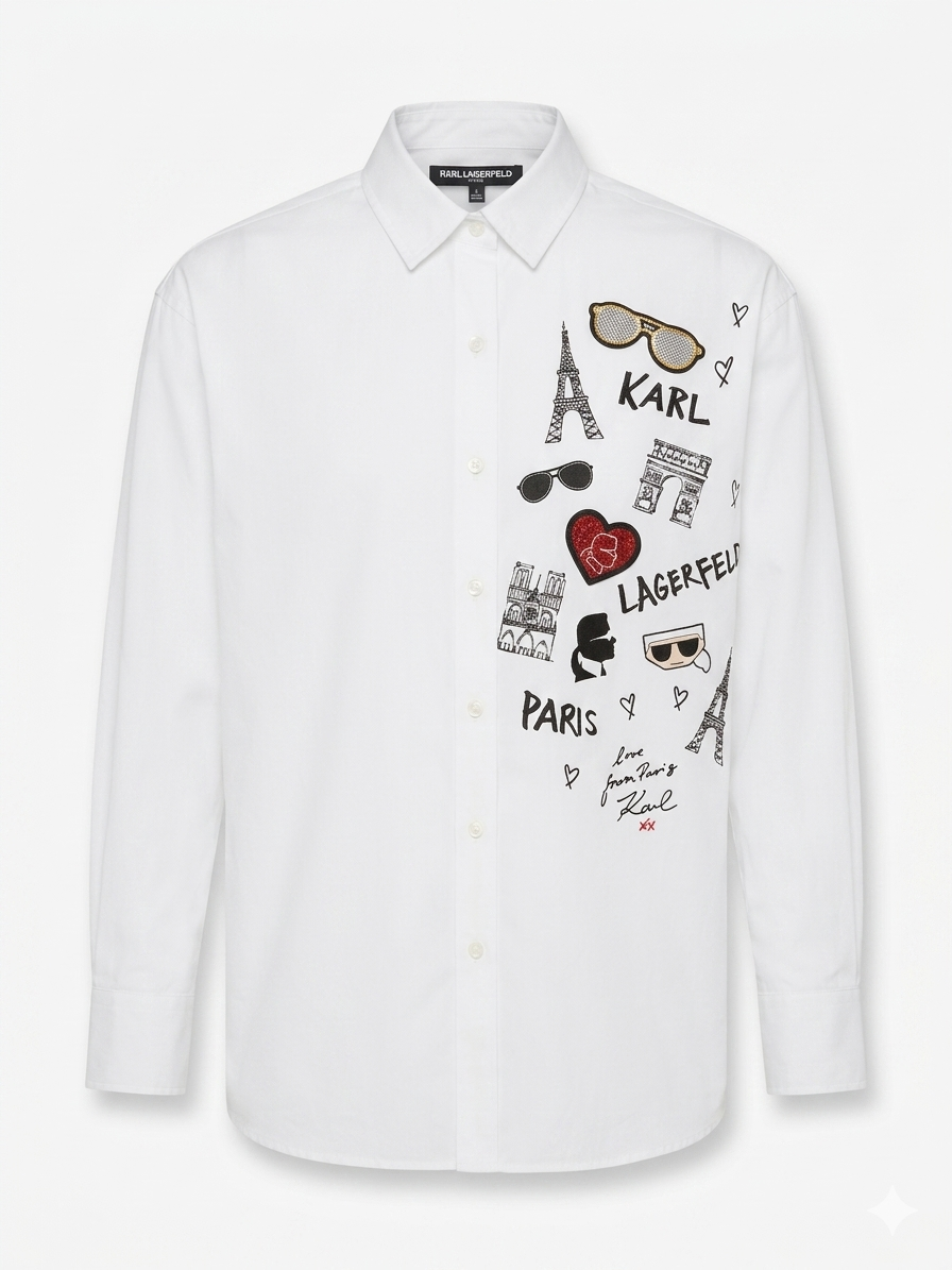 Karl Lagerfeld Paris Women's Long Sleeve Iconic Motif Blouse – Paris Print - HIPPO US Brands Karl Lagerfeld Paris