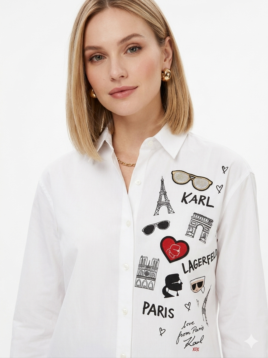 Karl Lagerfeld Paris Women's Long Sleeve Iconic Motif Blouse – Paris Print - HIPPO US Brands Karl Lagerfeld Paris
