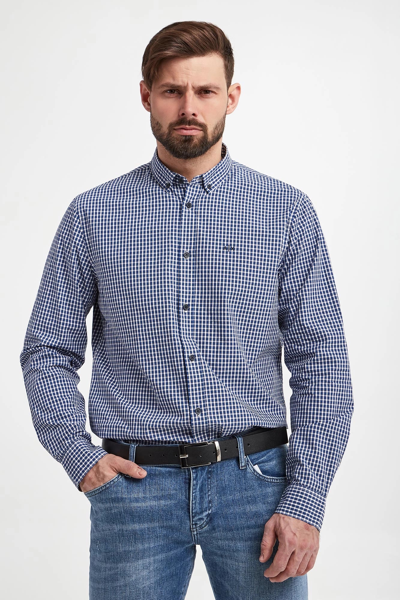 Armani Exchange Men's Checkered Shirt Blue Regular Fit - HIPPO US Brands ARMANI EXCHANGE