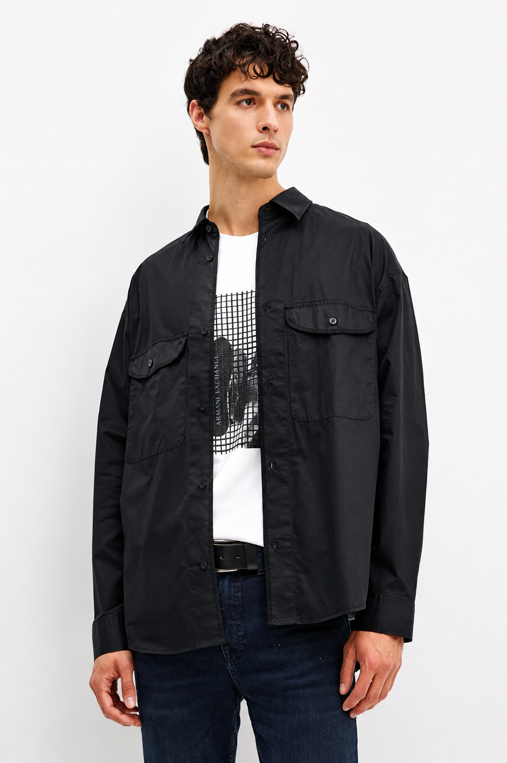Armani Exchange Men's Black Relaxed Shirt With A Classic Collar - HIPPO US Brands ARMANI EXCHANGE