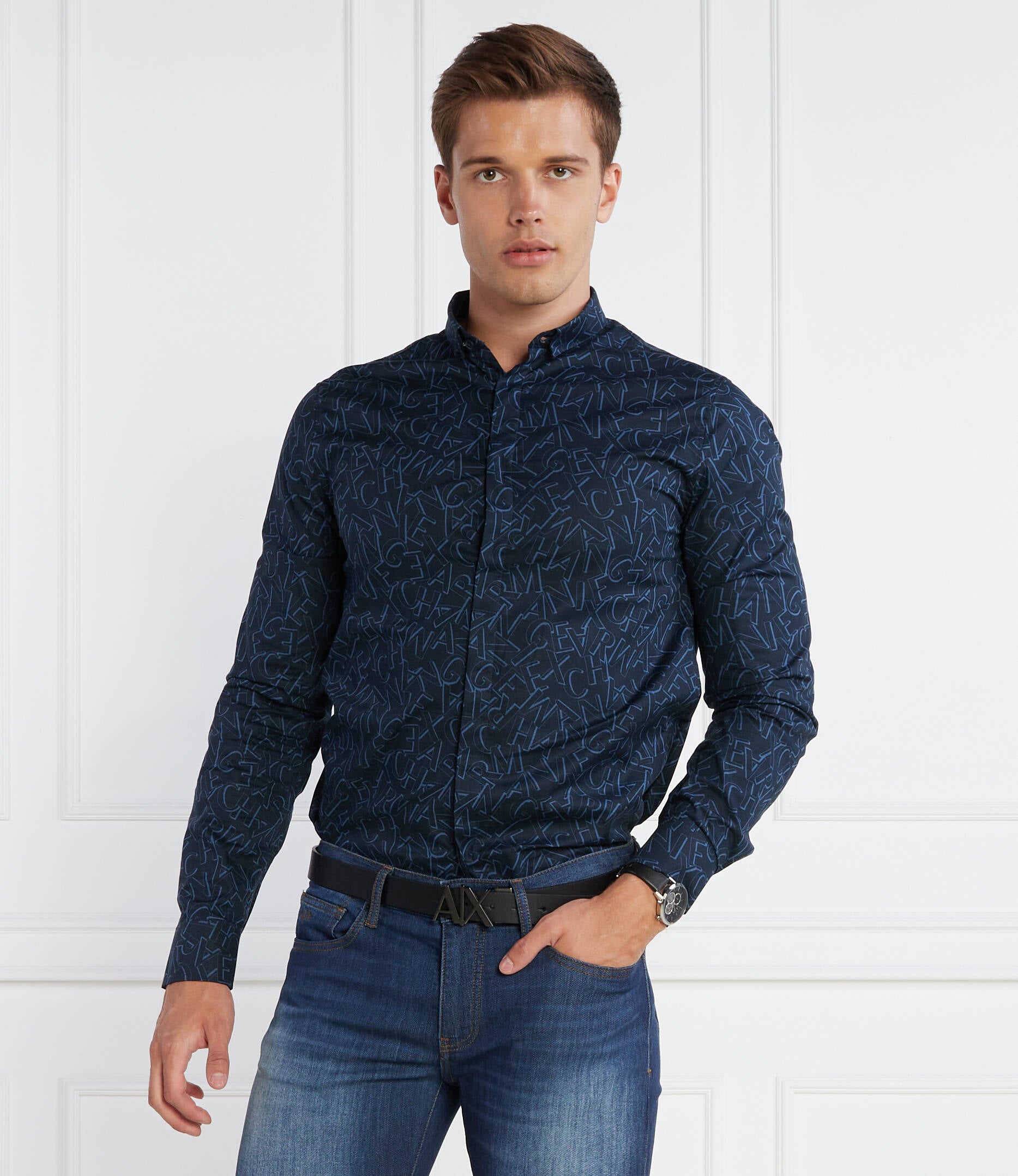 Armani Exchange Slim Fit Shirt Navy Micro – Men’s Woven Shirt - HIPPO US Brands ARMANI EXCHANGE