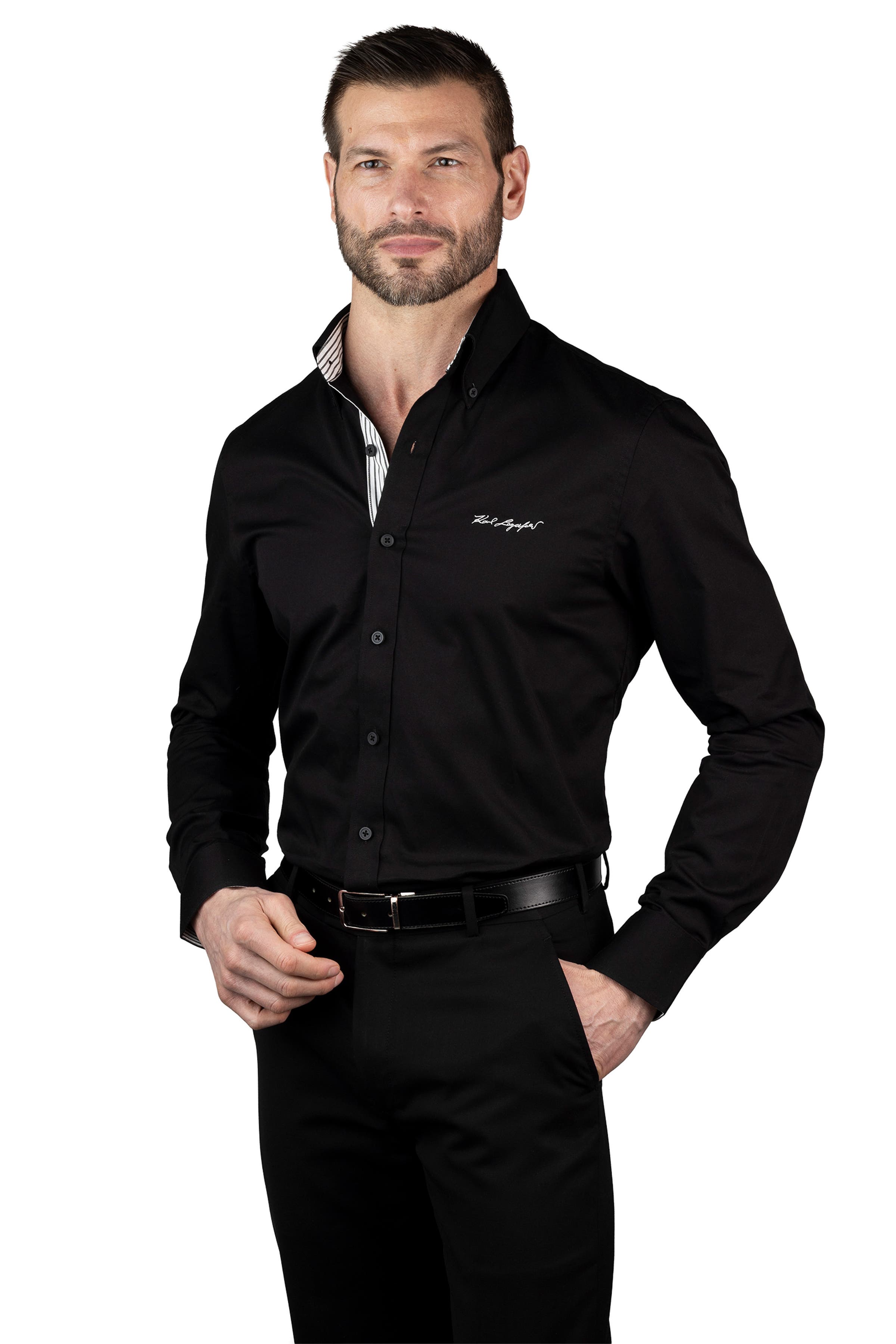 Karl Lagerfeld Paris Trim Fit Log Embroidered Cotton Dress Shirt