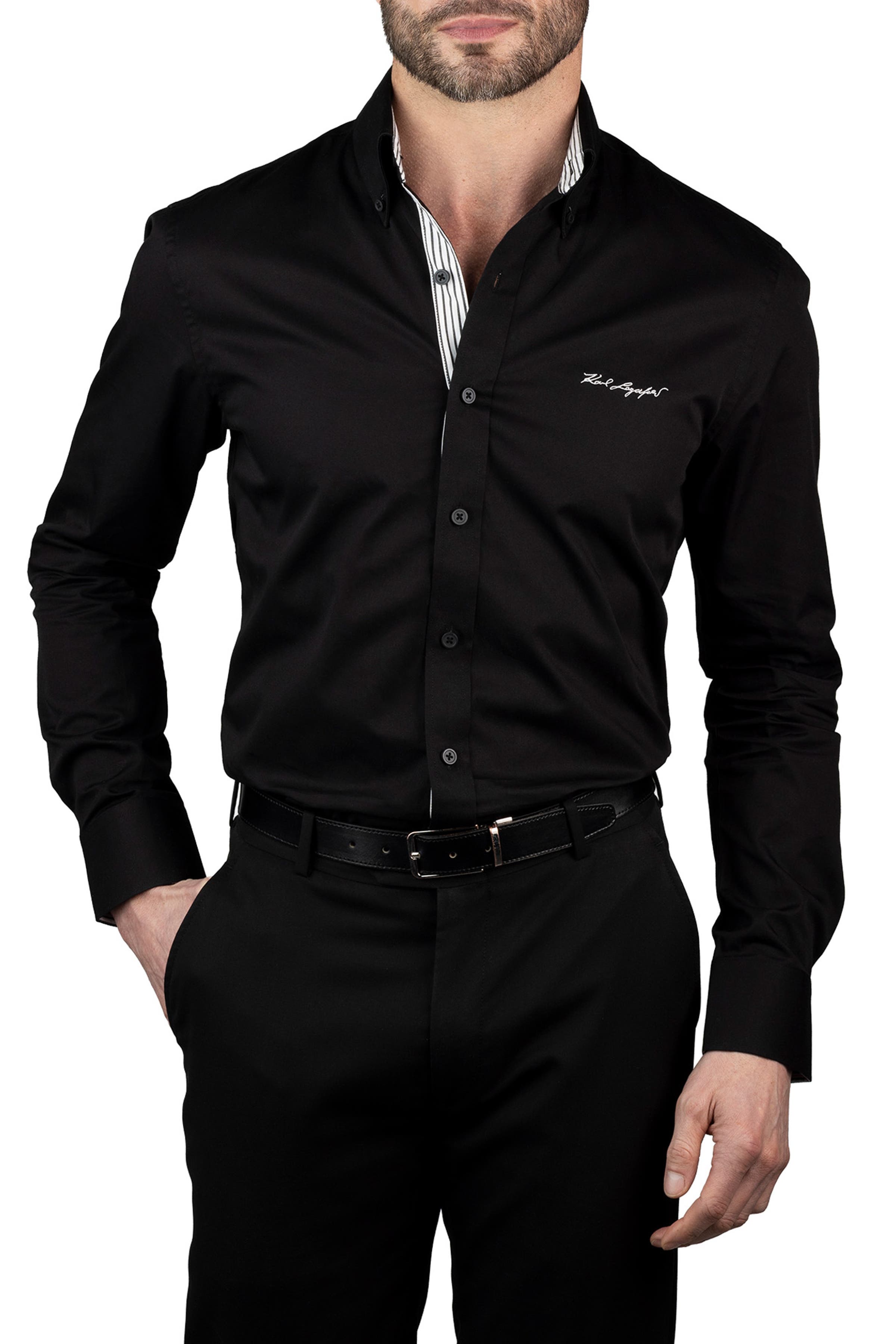 Karl Lagerfeld Paris Trim Fit Log Embroidered Cotton Dress Shirt