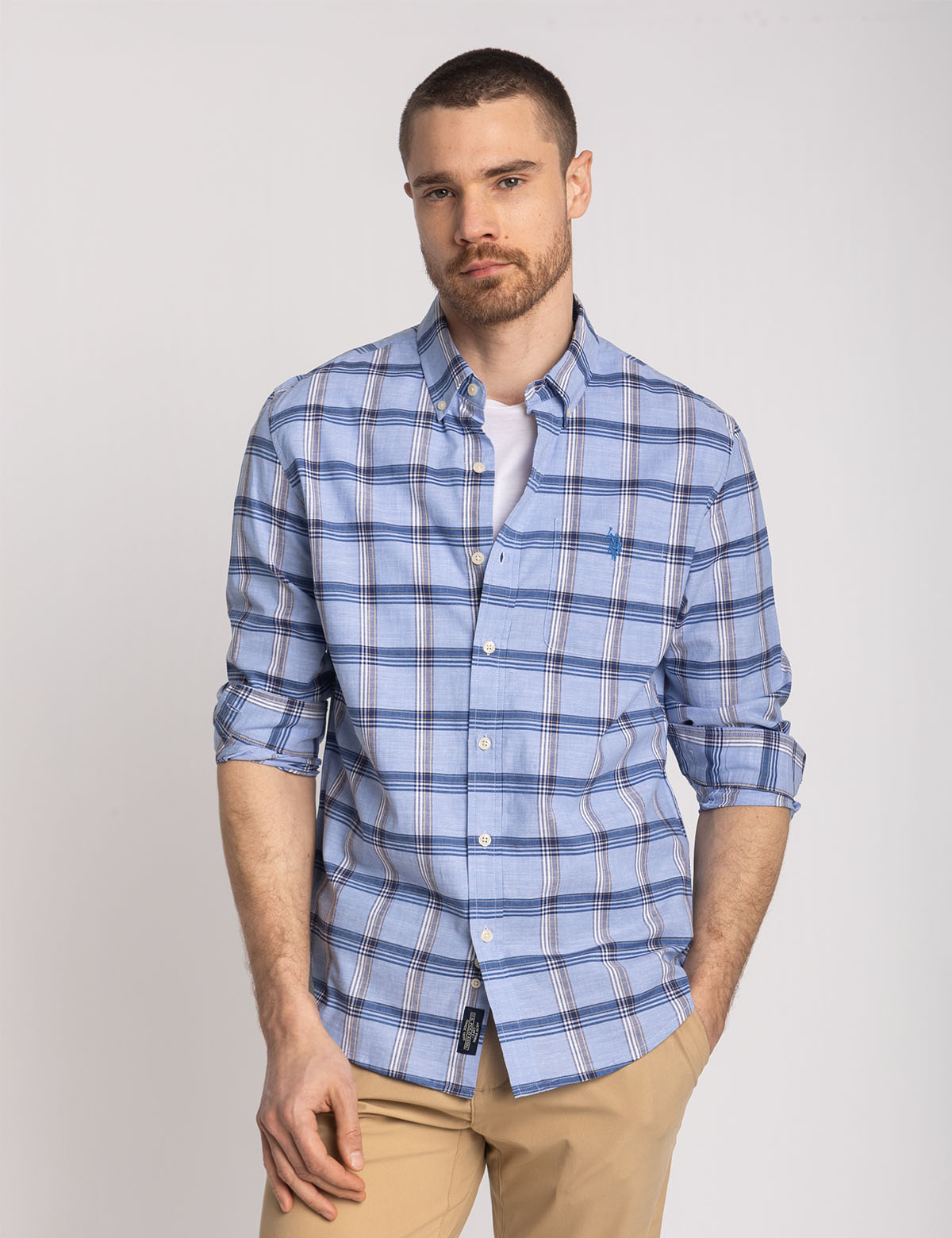 USPA Long Sleeve Stretch Plaid Poplin Shirt