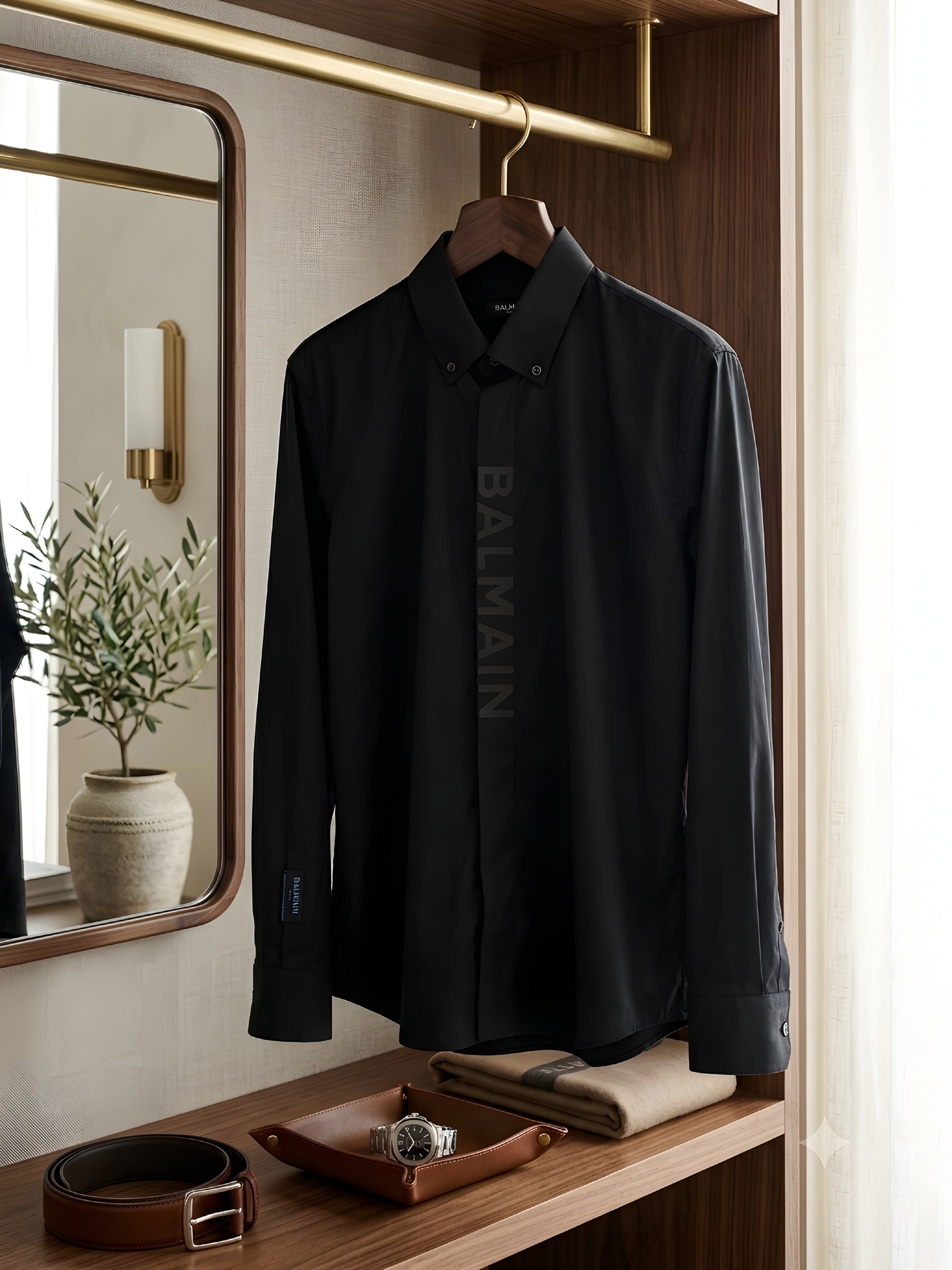 BALMAIN BIG TEXT VERTICAL BUTTON BLACK LONG SHIRT