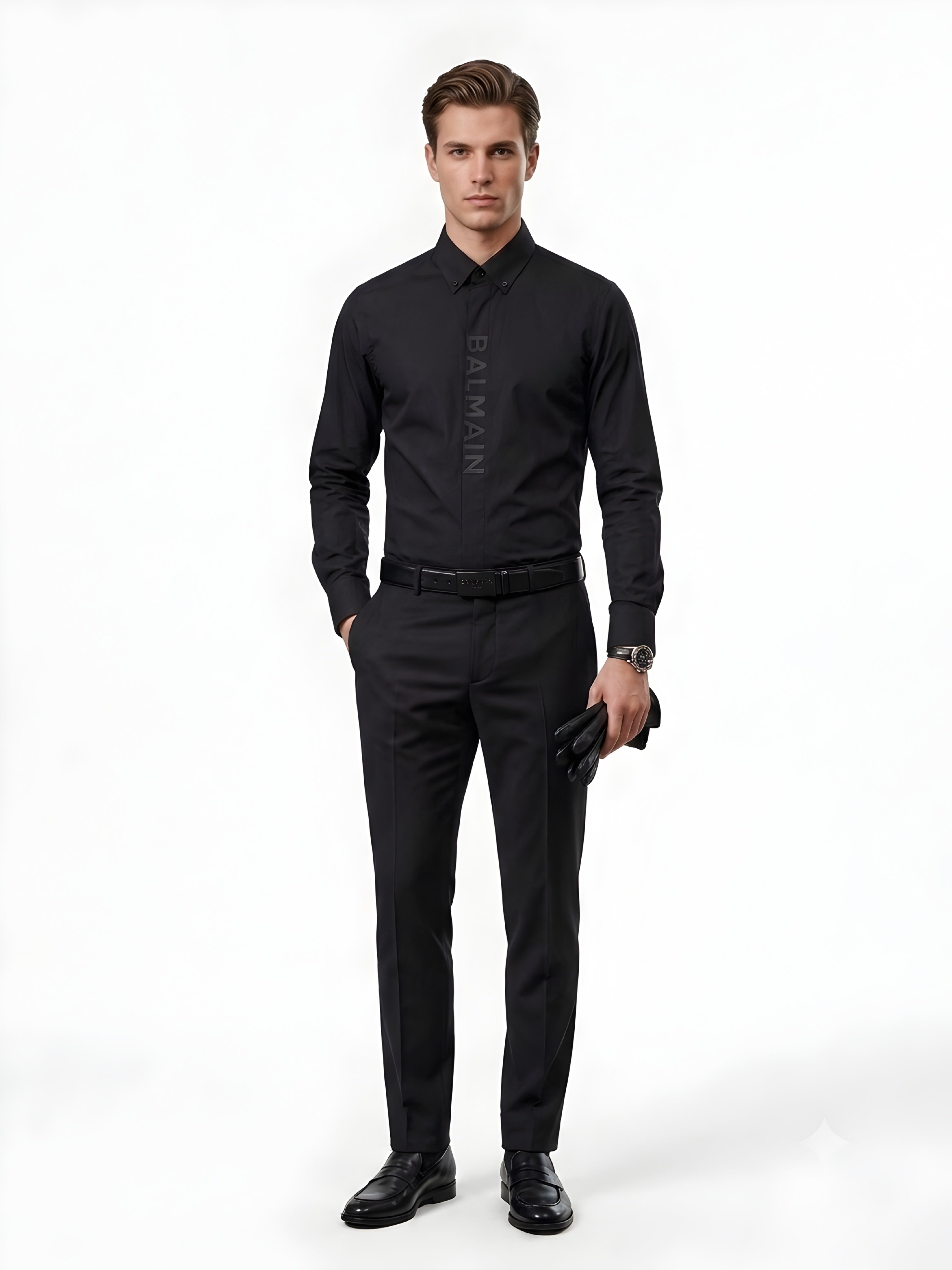 BALMAIN BIG TEXT VERTICAL BUTTON BLACK LONG SHIRT